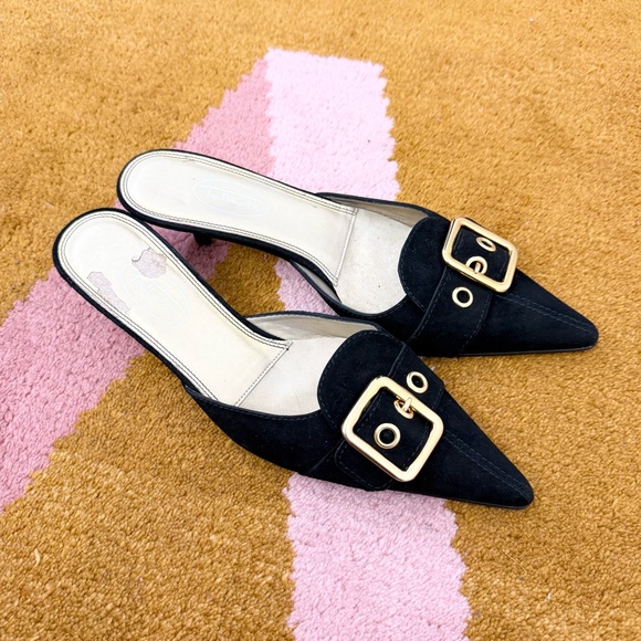 Talbots Black Suede Buckle Mule Heels Pointed Toe Kitten Heel Y2K Size 7.5 - Picture 2 of 7